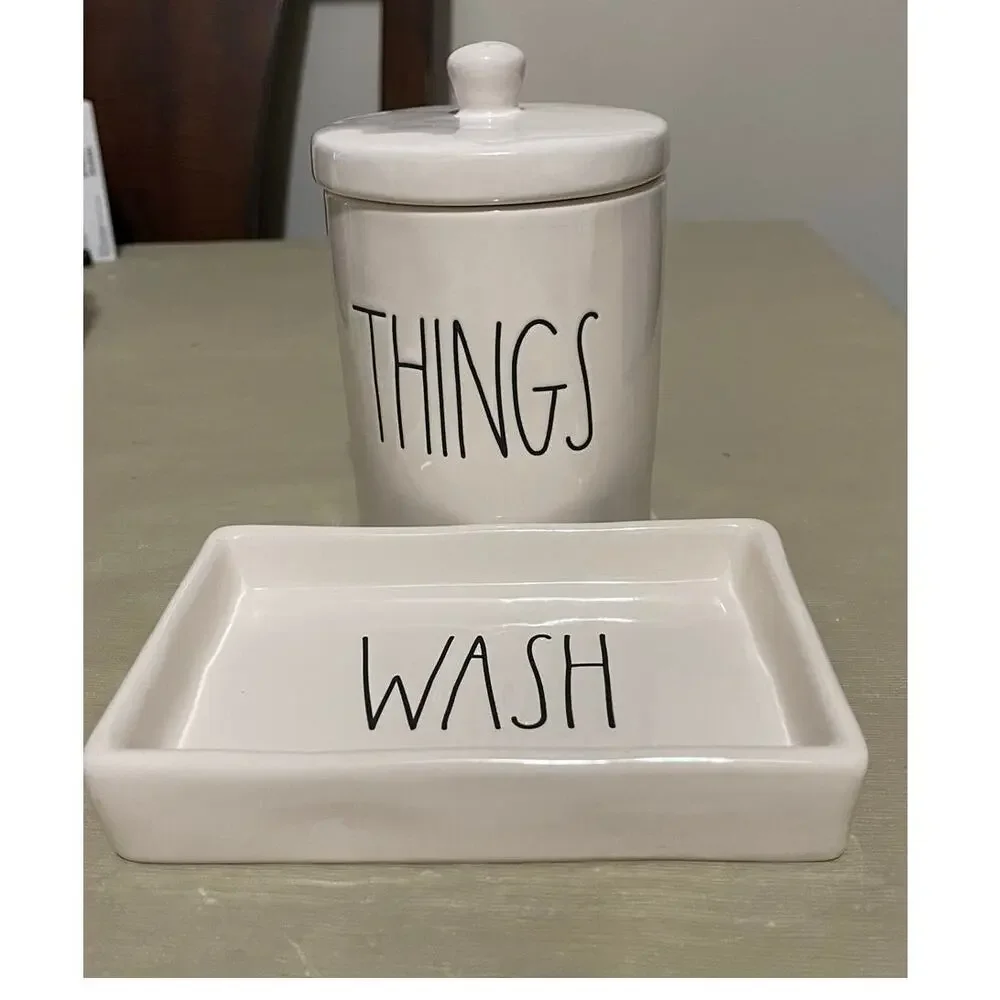 Rae Dunn 2 Pieces Ceramic Bathroom‎ Set Dish Wash Plate And Things Jar With Lid